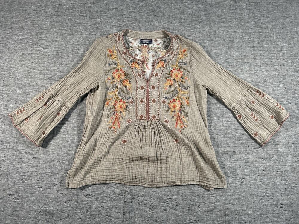 Johnny Was Workshop Top Womens Medium Floral Embroidered V-Neck Boho Chic Blouse